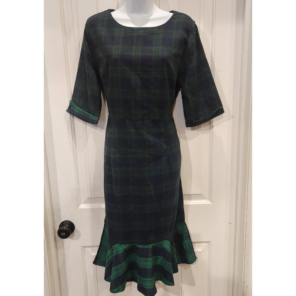 Retro Stage Medium/Large Tartan Plaid Midi Dress Green Navy Mermaid Ruffle NWT